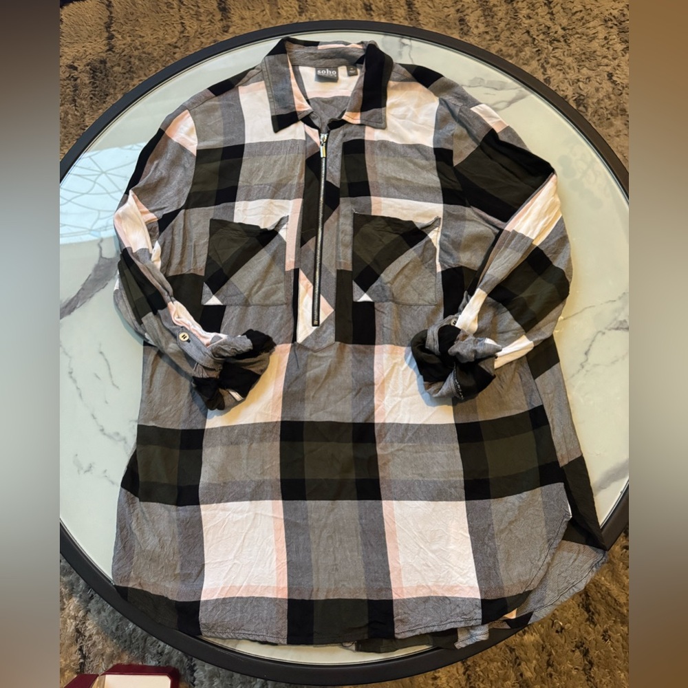 Soho New York &Co Black, Gray, Pink and White Plaid Button Zip Down Tunic